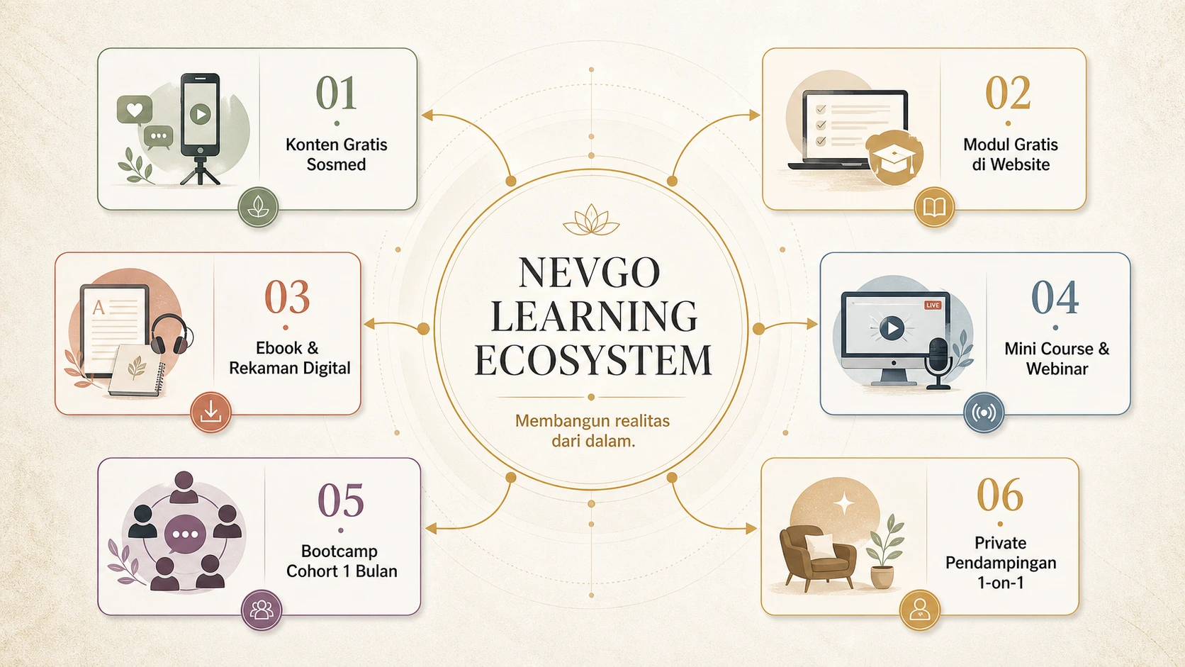 Infografis enam jalur belajar dalam Nevgo Learning Ecosystem